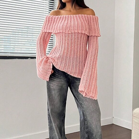 Pink Casual Women's Off-Shoulder Long Sleeve Sweater - Picture 4 of 6